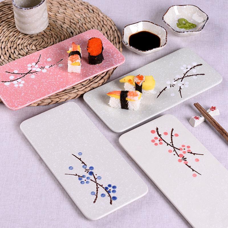 BEPAN 1PC Japanese Style Rectangular Ceramic Plates Underglaze Color Sushi Dishes Multi Purpose Plates for Cake Western Food