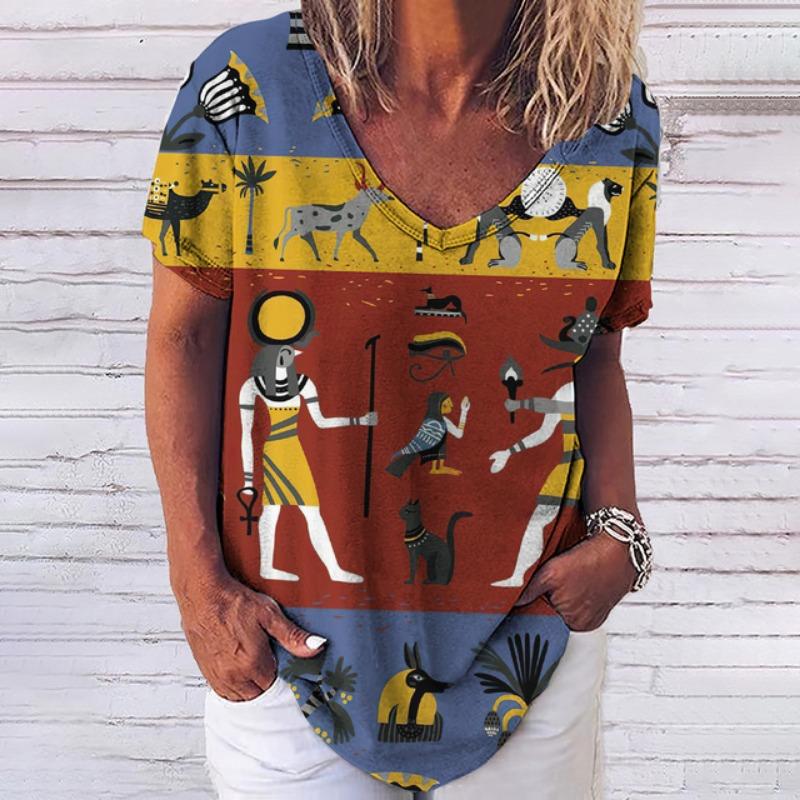 Summer T Shirt For Women 3d Fashion Geometric Print V Neck Short Sleeve Basic Tops Streetwear Casual Oversized Female Clothing