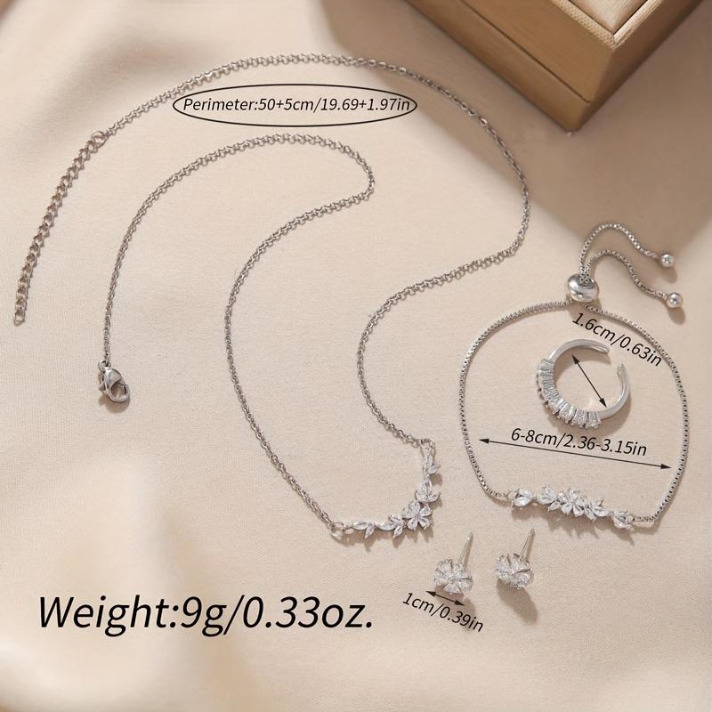 Simple and Stylish Zirconia Jewelry Set: Pendant Necklace, Adjustable Bracelet, Open Ring, and Earrings - a Perfect Holiday Gift