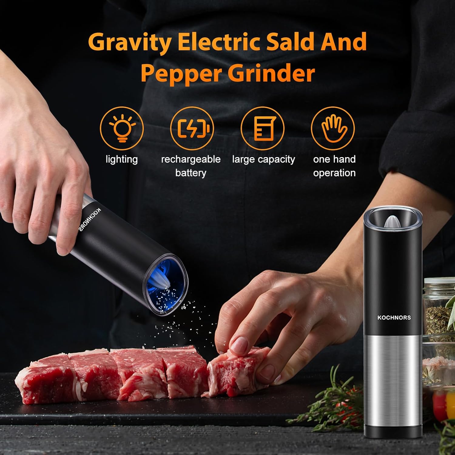 USB Rechargeable Pepper Grinder, Gravity Electric Pepper Grinder with 6 Level Adjustable Coarseness, One Handed Operated Salt and Pepper Grinder for
