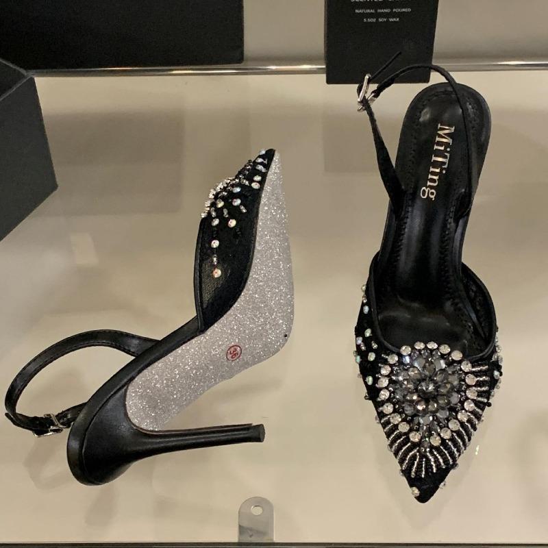 Fashion Sexy Pointed Toe Crystal Women Pumps Street Style Thin High Heels Buckle Strap Sandals Elegant Party Stripper Mule Shoes Zapatos