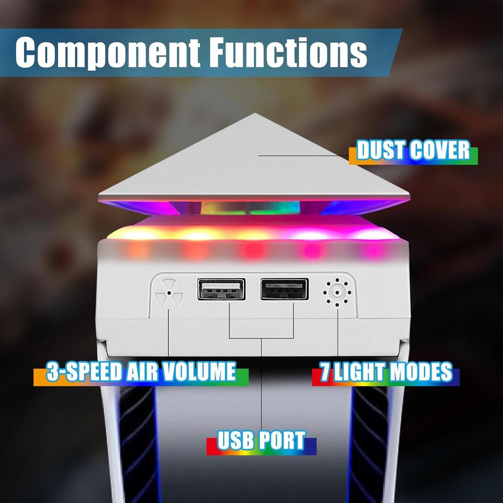 Console Cooling Fan with Dust Cover Colorful LED Light for PS5 Console Disc Edition & Digital Edition Silent Absorb Fan Cooler with 2 USB Port