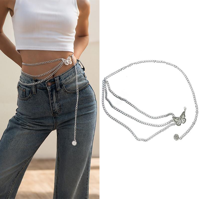 Sparkling Multilayered Metal Waist Chain Rhinestone Decor Golden Silvery Metal Chain Punk Dress Girdle For Women