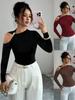 2026 European Autumn Asymmetrical Shoulder Slim-Fit Solid Top