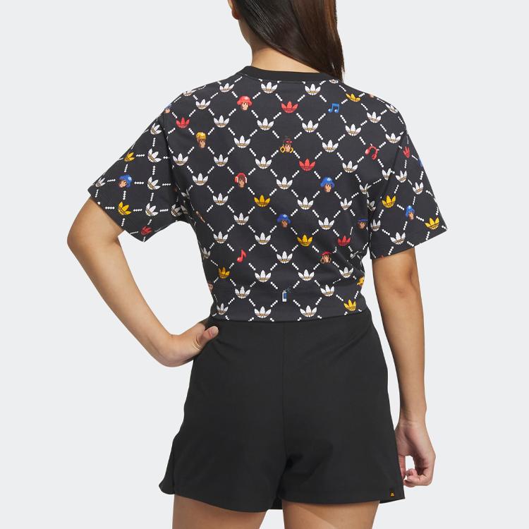 adidas Originals Women's Cartoon Print Tie-Front Cropped T-Shirt Black IP1769