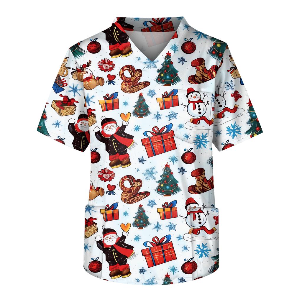 Men's Printing Short Sleeve V-neck Working Blouse Chest Pocket Carer Top