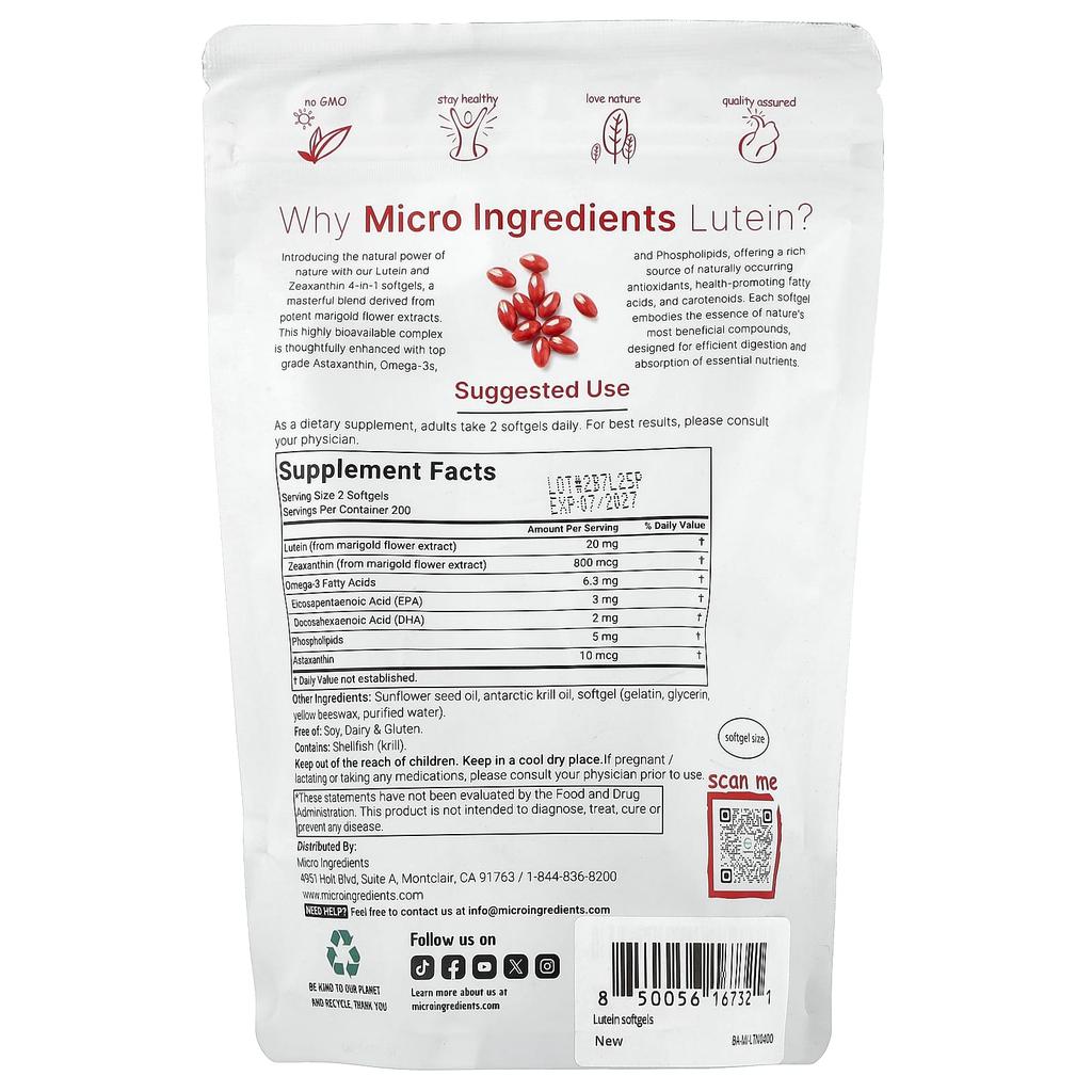 Micro Ingredients Lutein and Zeaxanthin, 400 Softgels