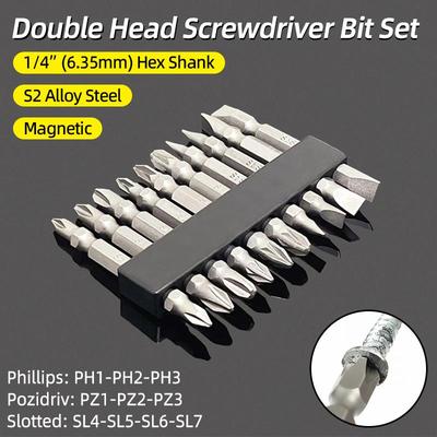 Juego de 10 puntas de destornillador Phillips Pozidriv de doble cabeza ranurada, herramientas manuales de cabeza de cruz plana, destornilladores magnéticos S2, brocas