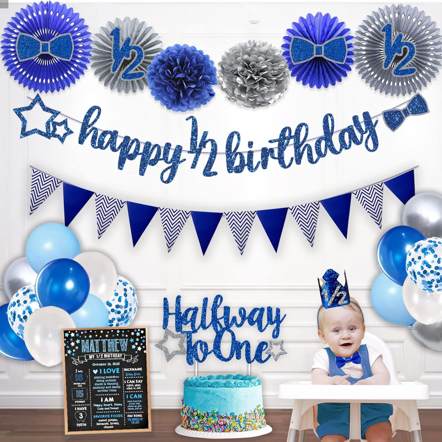 Half Birthday Decorations Baby Boy, Hombae 1/2 Birthday Boy Decorations Supplies, 6 Months Birthday Decorations Boy, Blue Glitter Half Birthday