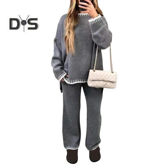 2 Pcs/Set Winter Sweater Pants Set O Neck Loose Knit Thick Long Sleeves Sweater Wide Leg Warm Trousers Daily Outfit School Homewear Sport Clothes