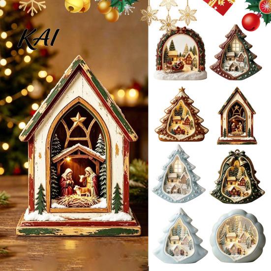 Retro Style Holiday Table Accents Christmas Wooden Tabletop Decor with Warm LED Lights, 2D Printed Snow Village Scene Charming Winter Keepsakes