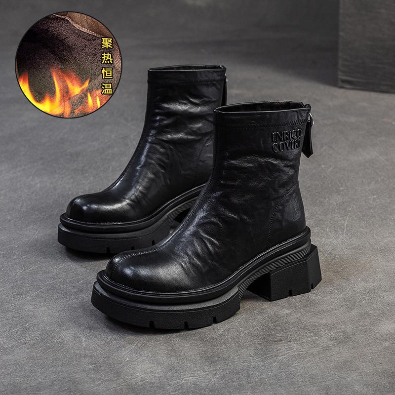 Fashion GKTINOO Genuine Leather Ankle Boots Women Shoes 2025 New Autumn Winter Round Toe Square Heel Zip Handmade Leisure Women Boots