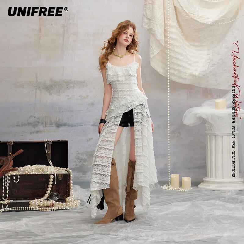 UNIFREE Korean Style Floral Ruffle Trim A-Line Dress M
