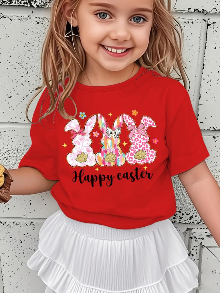 Happy Easter Shirt Kawaii Trio Bunny Kids Tees Colorful Rabbit Outfit Glitter Effect Top Toddler Spring Gift Pastel Girl Clothes