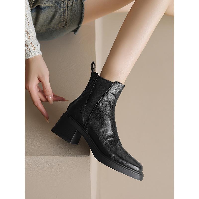 British Chelsea Boots Women's Soft Leather Coarse Heel French Retro Square Head High Heel Elastic Skinny Short Boots Martin Boots