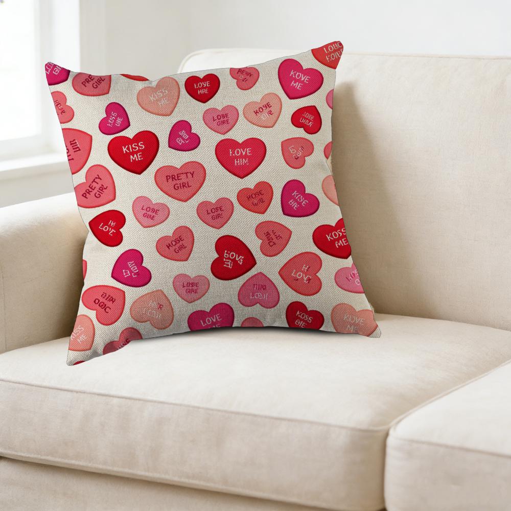 Cushion Cover Pink Heart Candy Love Messages Pillowcase For Living Room Bedroom Decor