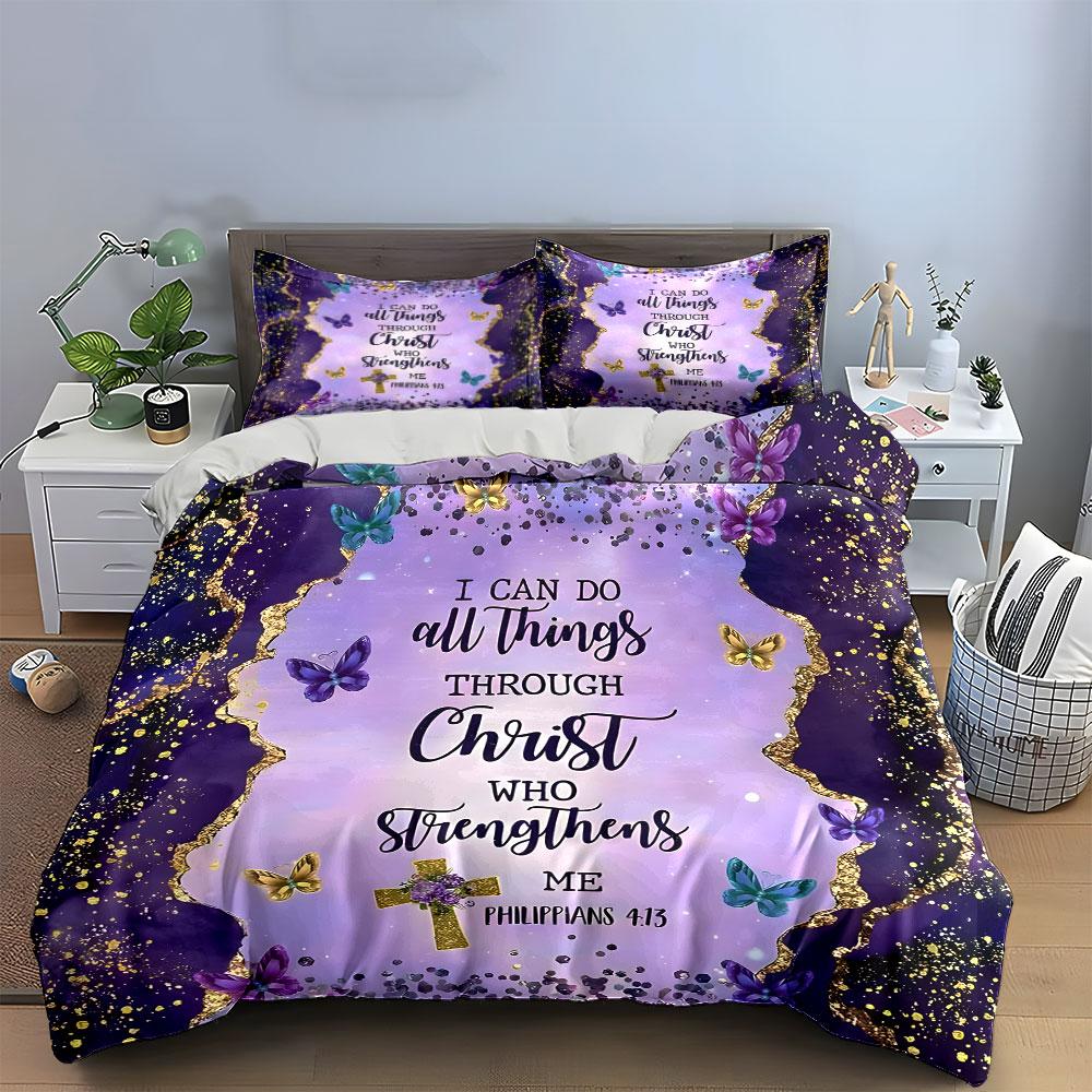 Inspirational Purple Christian Decor Set kid's and adults' bedroom decor, Exquisite three-piece bedding set gift