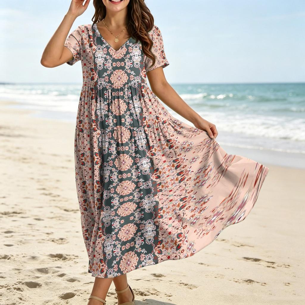 Women Casual Loose Bohemian Floral Dress Short Sleeve Long Maxi Summer Beach Swing Dress