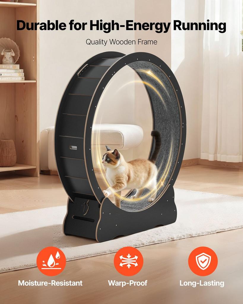 Cat Exercise Wheel, 132cm Wooden Cat Running Wheel for Indoor Kitten up to 12.7kg, Cats Treadmill with Carpeted Runway & Locking Mechanism, Quiet Cat