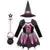 Kid Girls Halloween Witch Costume Sparkly Silver Stars Printed Carnival Cosplay Dress with Pointed Hat Wand Dress Up Clothes