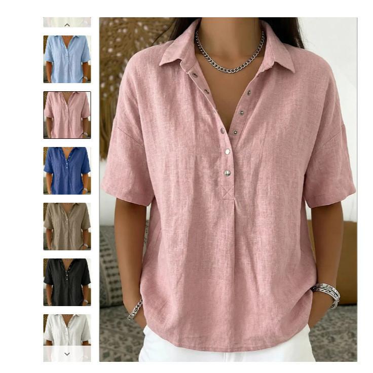 Casual Linen Shirt For Women With Turndown Collar And Short Sleeves For Summer Comfort
