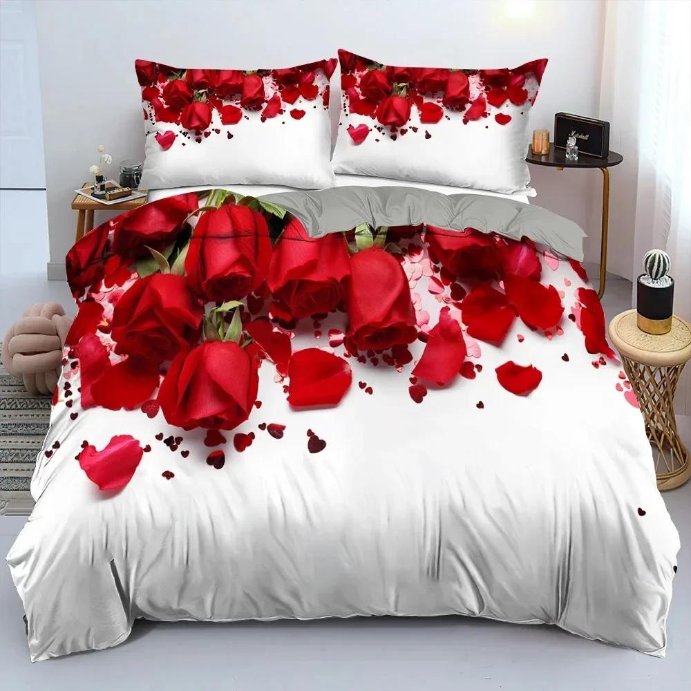 Valentine's Day Wedding Rose Flower Comfortable Duvet Cover Pillowcase Bedding Set Children Bedroom Decoration Home Textile