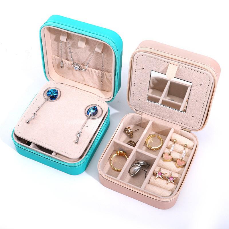 High-End Jewelry Storage Box with Mirror Pattern for Rings, Earrings, Necklaces - Women's Zipper Style Organizer.
