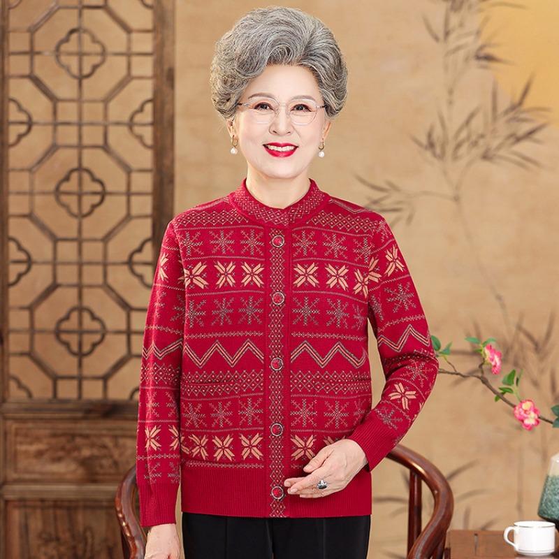 Mom Autumn Winter Jacket Old Man Autumn Clothing Knitted Cardigan Female Grandma Sweater Old Woman Age 0 Loose Top