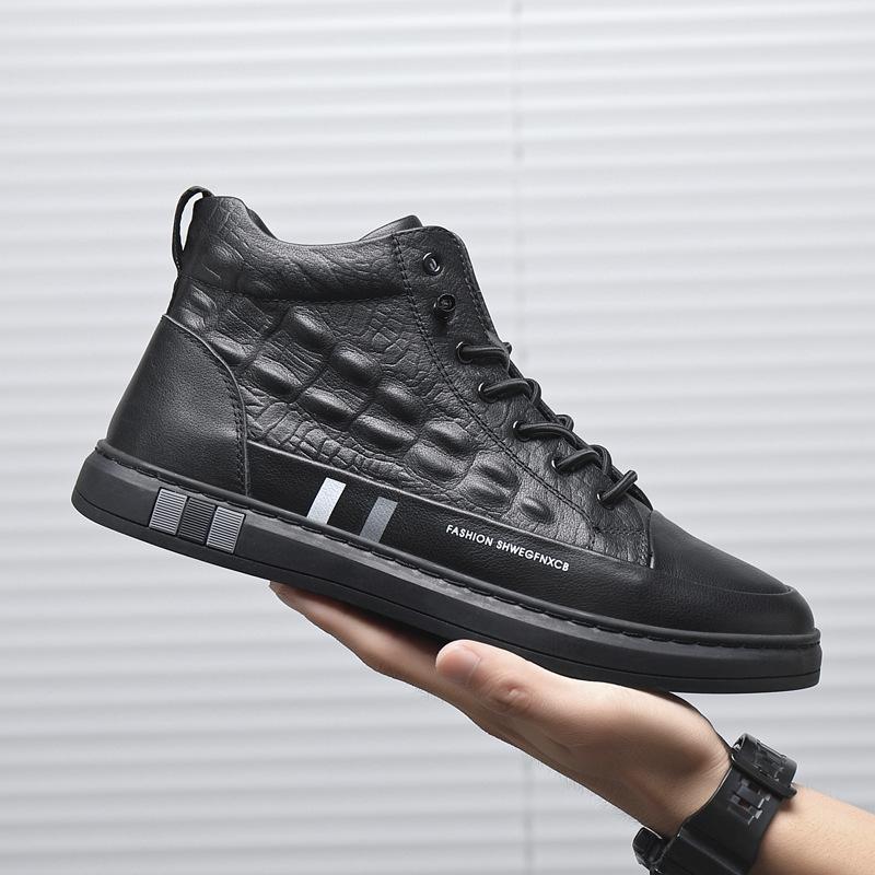 100% Genuine Leather Shoes Men High Top Fashion Flat Brand Black White Casual Shoes Cool Street Style Young Male Footwear Plus Size 48