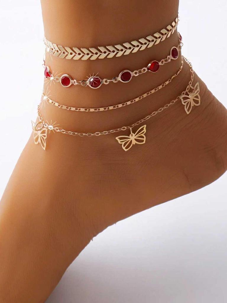 European & American Multi-Layer Crystal Chain Butterfly Anklet - Beach Style Foot Jewelry