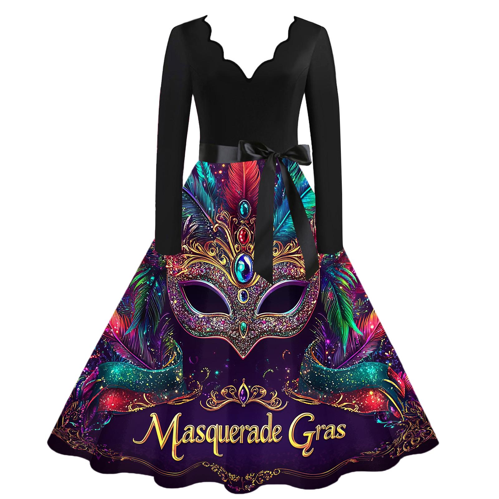 

Women s Casual Fashion V Neck Carnival Printed Vintage Dress M