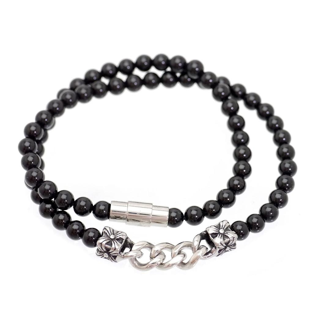Cross Black Bead Necklace for Men ko Onyx Stainless Steel Magnetic Closure [Silver One] [Length 50cm]
