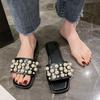 Large size pearl flat bottom sandals women's summer new square head casual wear one-word slippers