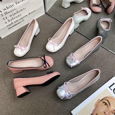 Sweet Single Shoes, Light Mouth and One Pedal, Mary Jane Shoes, New In the Autumn of 2024, French Silver Round Head Temperament Bow.