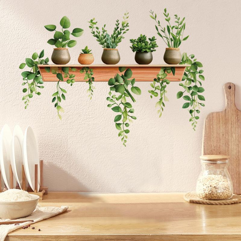3D Green Plants Wall Stickers Potted Hanging Baskets Vinyl Mural Art Decals for Kitchen Study Living Room Decoration