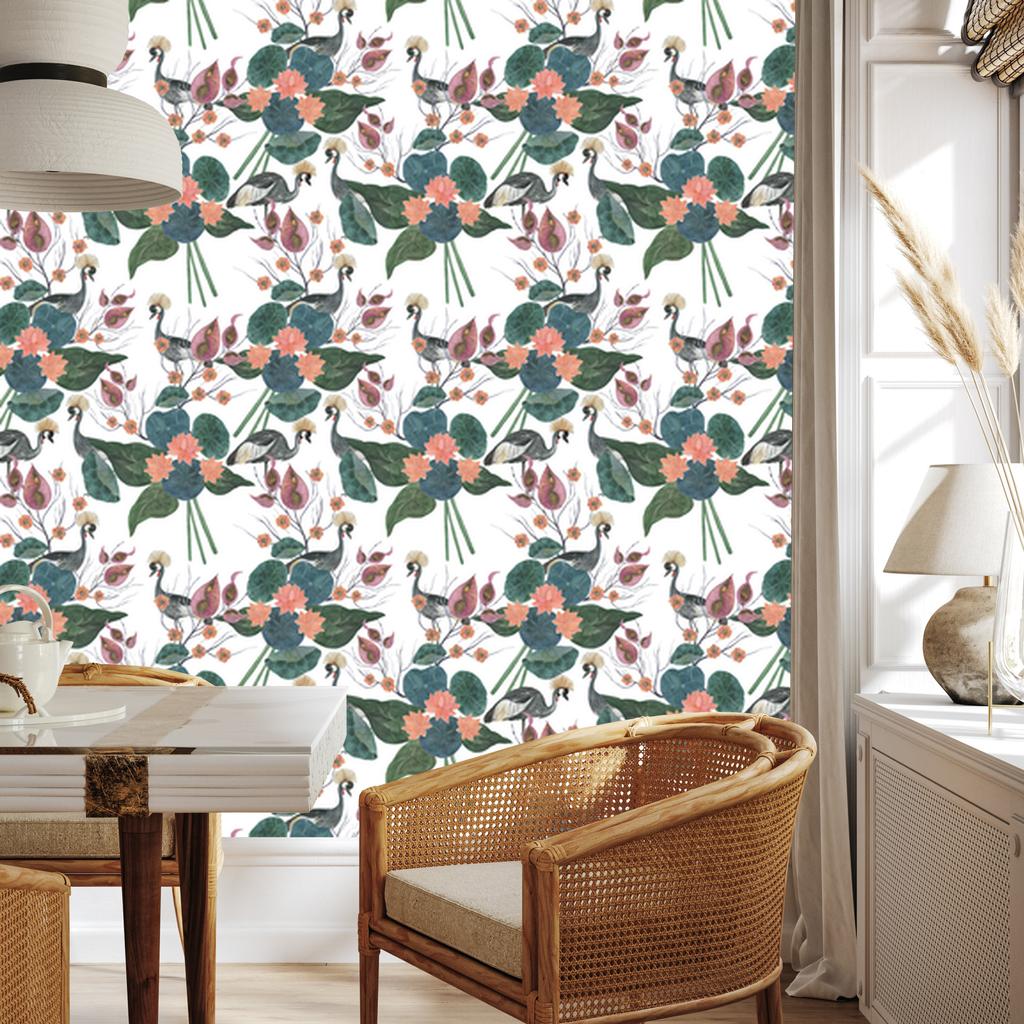 Cranes Among Flowers Wallpaper for Living Room and Bedroom 50x1000