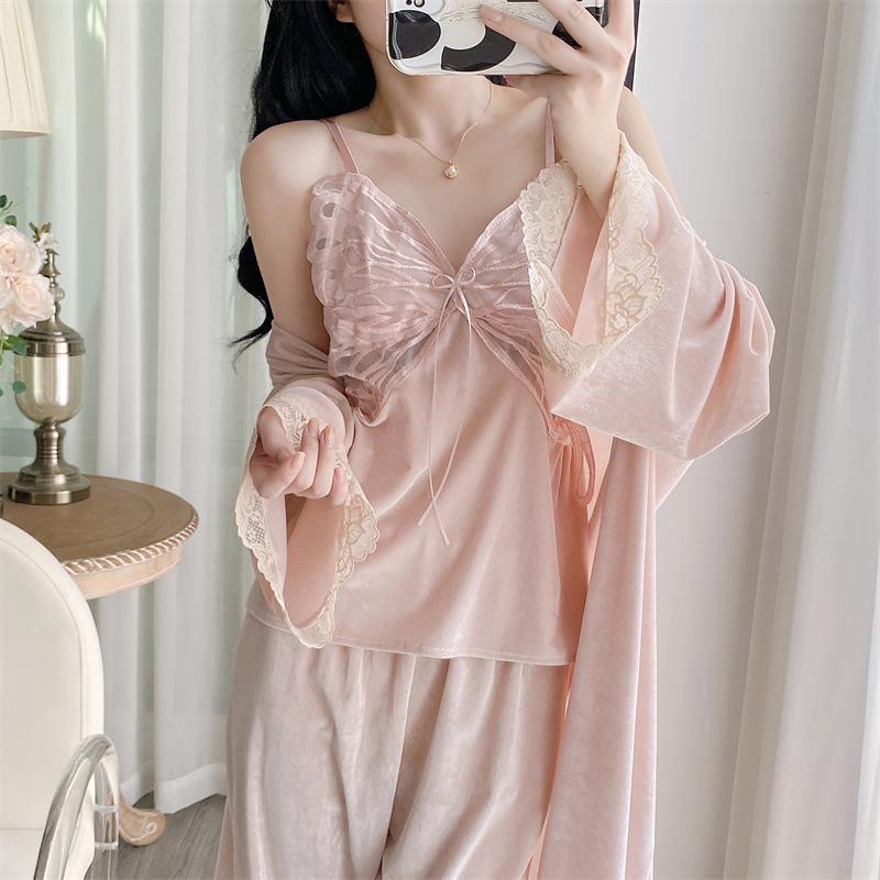 New golden velvet autumn and winter pajamas women's sexy backless suspender trousers set butterfly nightgown with chest pad air-conditioned clothes