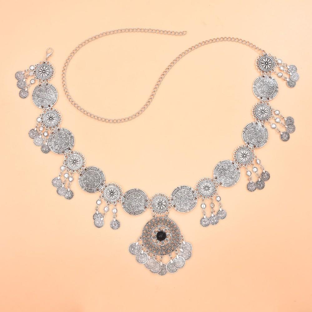 Fashion Vintage Coin Belt Golden Silvery Alloy Coins Fringed Belt Carved Flower Long Tassel Waist Chain Ethnic Style