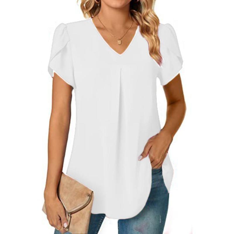 

women s Petal Short Sleeve V Neck Blouse Casual Solid Color Pleated Tunic Top 2XL