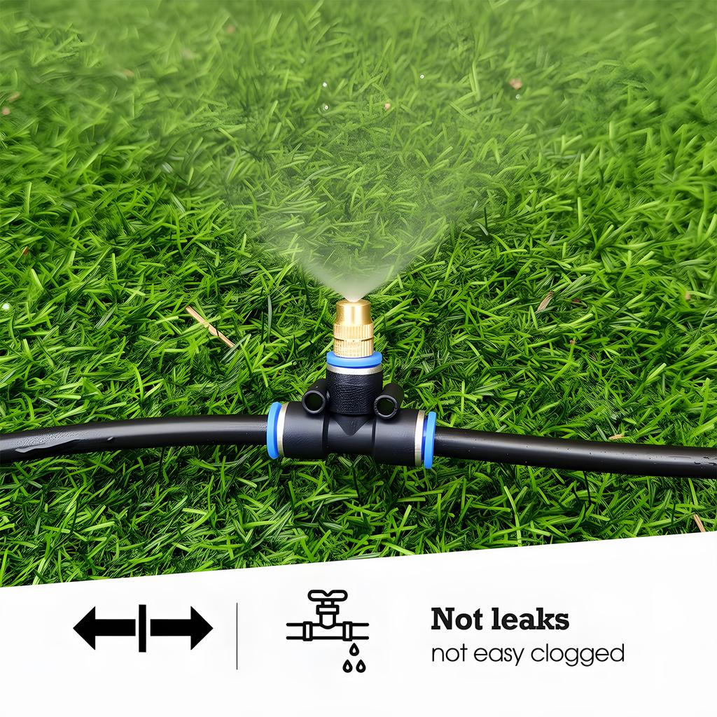 Brass Misting Nozzle with Tee Adapter Adjustable Atomizer Sprayer Outdoor Garden Irrigation Watering 6/8/10/12/14/16mm PE Tubing