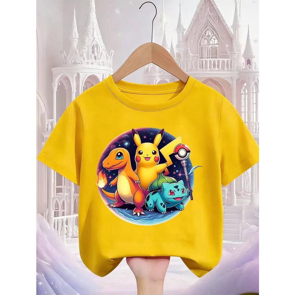 Crew Neck Cute Pikachu T Shirt 3-14Y Boys Girls Summer Kawaii Fashion Street Hot Cartoon Casual Children