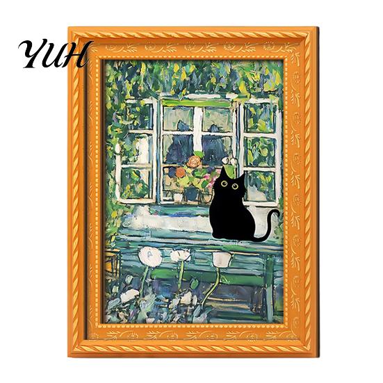 Metal Doors Decorative Magnets Oil Painting Cat Refrigerator Magnet, Wooden Frame Black Photo Theme Retro Rectangle Magnetic Decoration Fridge