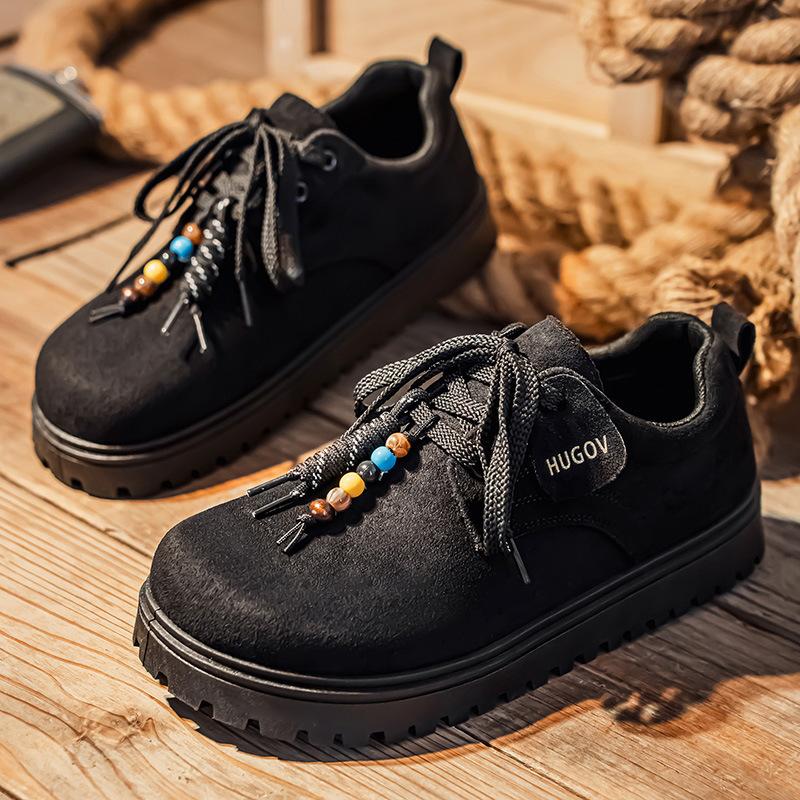 

Men Casual Shoes Autumn New Vintage Fashion String Bead Suede Leather Shoes Height Increase Comfortable Lace Up Non Slip Loafers 39 чорний