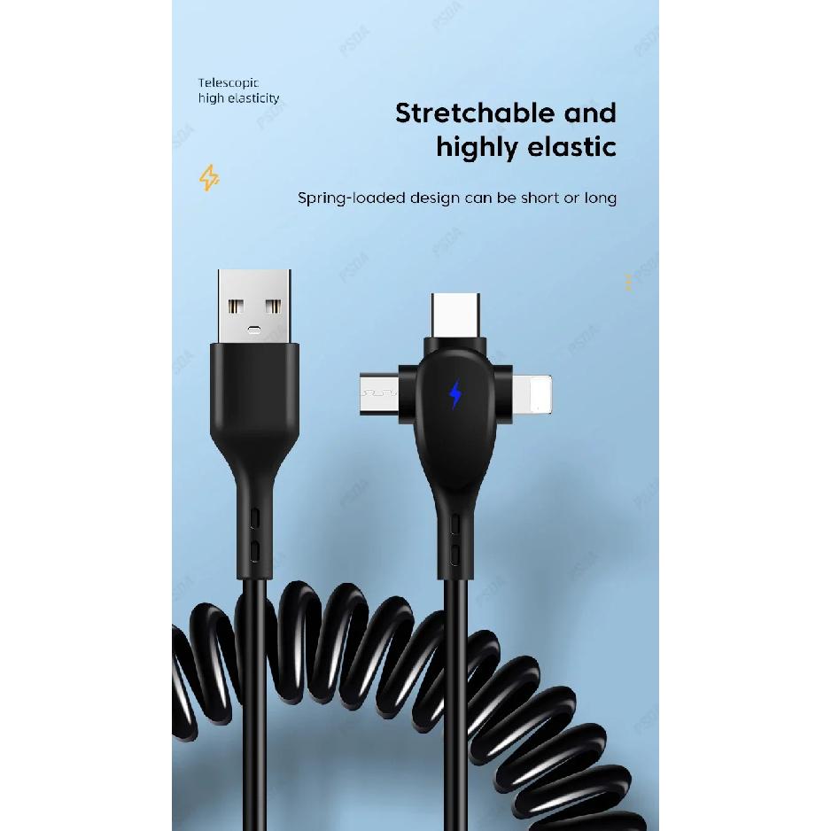 3 in 1 66W 6A Fast Charging USB Type C Cable Micro USB Spring Car Charger For iPhone Xiaomi  Samsung Phone Charger Cord