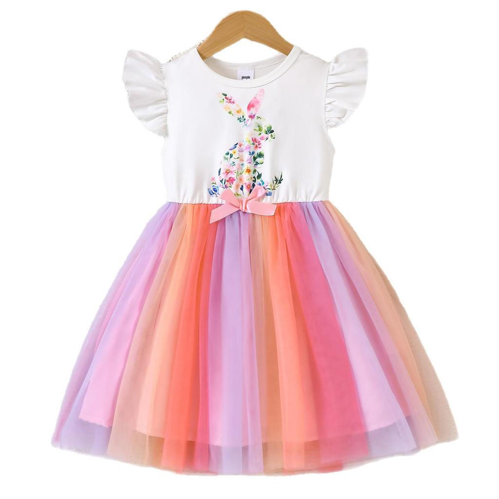 Girls' Easter Dress with Floral & Rabbit Print, Puff Sleeves, and Ribbon Bow
