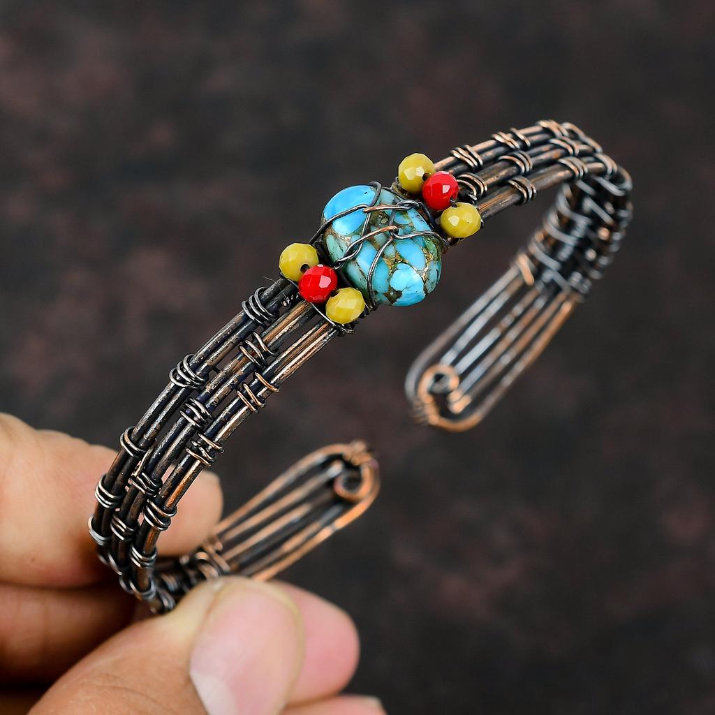 Copper Blue Turquoise Cuff Bracelet Yellow Coral & Red Coral Beads Bangle Copper Wire Wrapped Jewelry Adjustable Bracelet Gemstone Wire Cuff