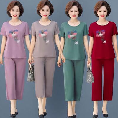 Mom Dress Ice Silk Clothes Pants Two-piece Set of Middle-aged and Elderly Women Short-sleeved T-shirt Pants Large Size