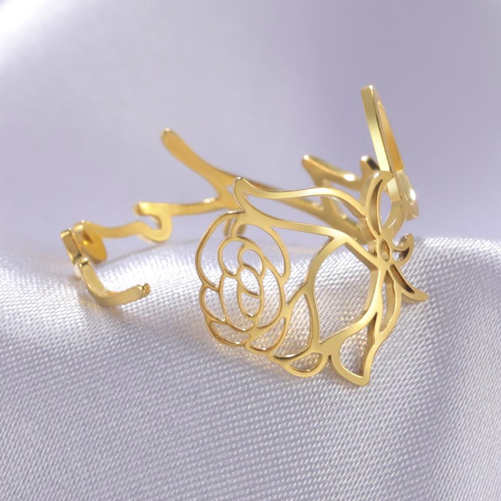 Teamer Customized Name Birth Flower Rings For Women Personalized Letter Open Ring Stainless Steel Rose Couple Rings Jewelry Gift