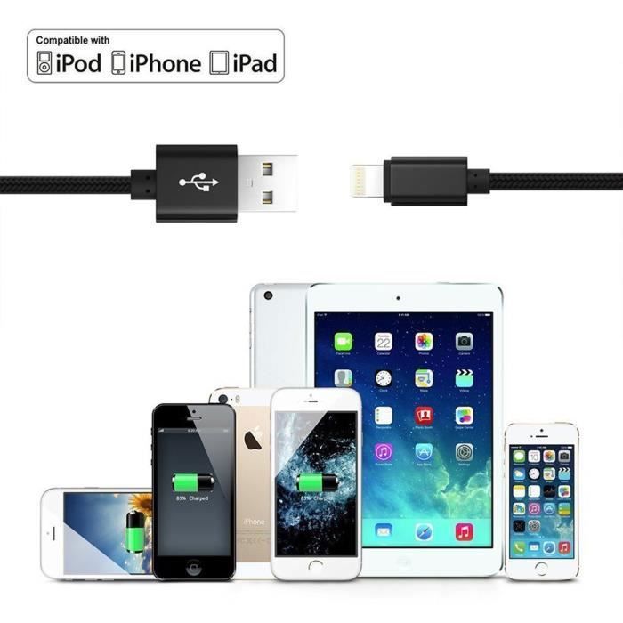 Snabb Kabel 3A Laddare 1M För iPhone 13/12/11/Pro/X/XR/XS/MAX/8/7/6 iPad iPod Svart Flätad Nylon