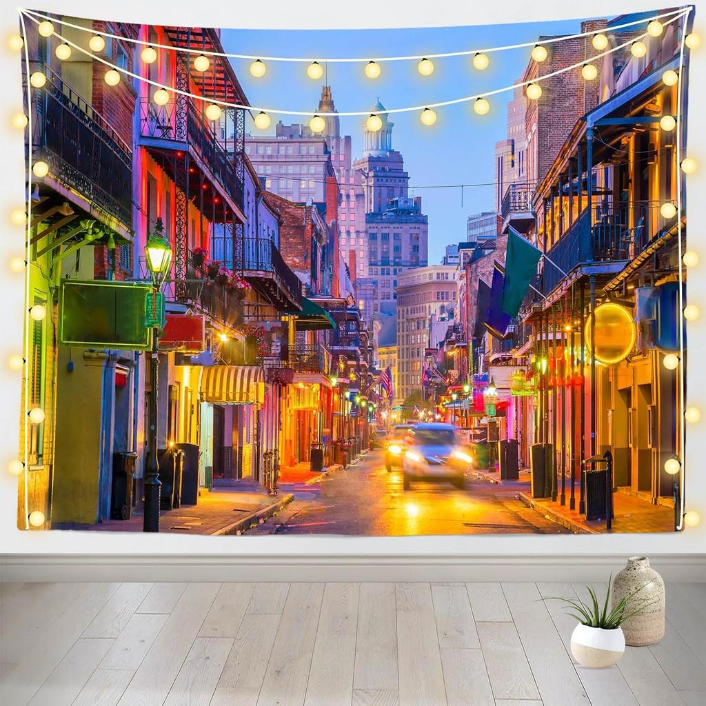 Loccor 80''x60'' New Orleans Bourbon Street Tapestry Mardi Gras New Orleans Nightlife Street Pubs and Bars with Neon Lights Tapestry Wall Hanging